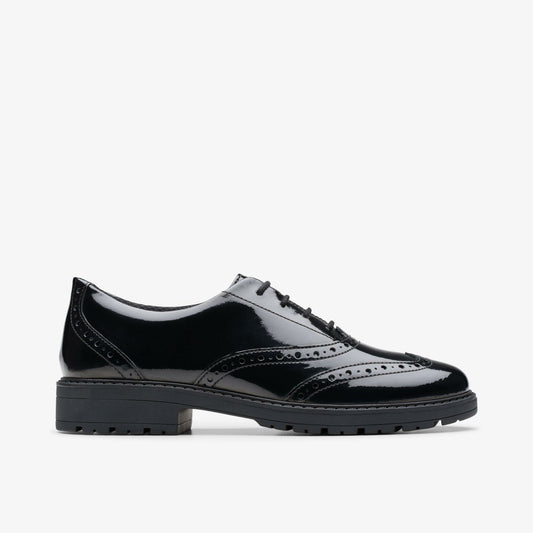 Loxham Brogue Youth Black Patent - Clarks Recommended